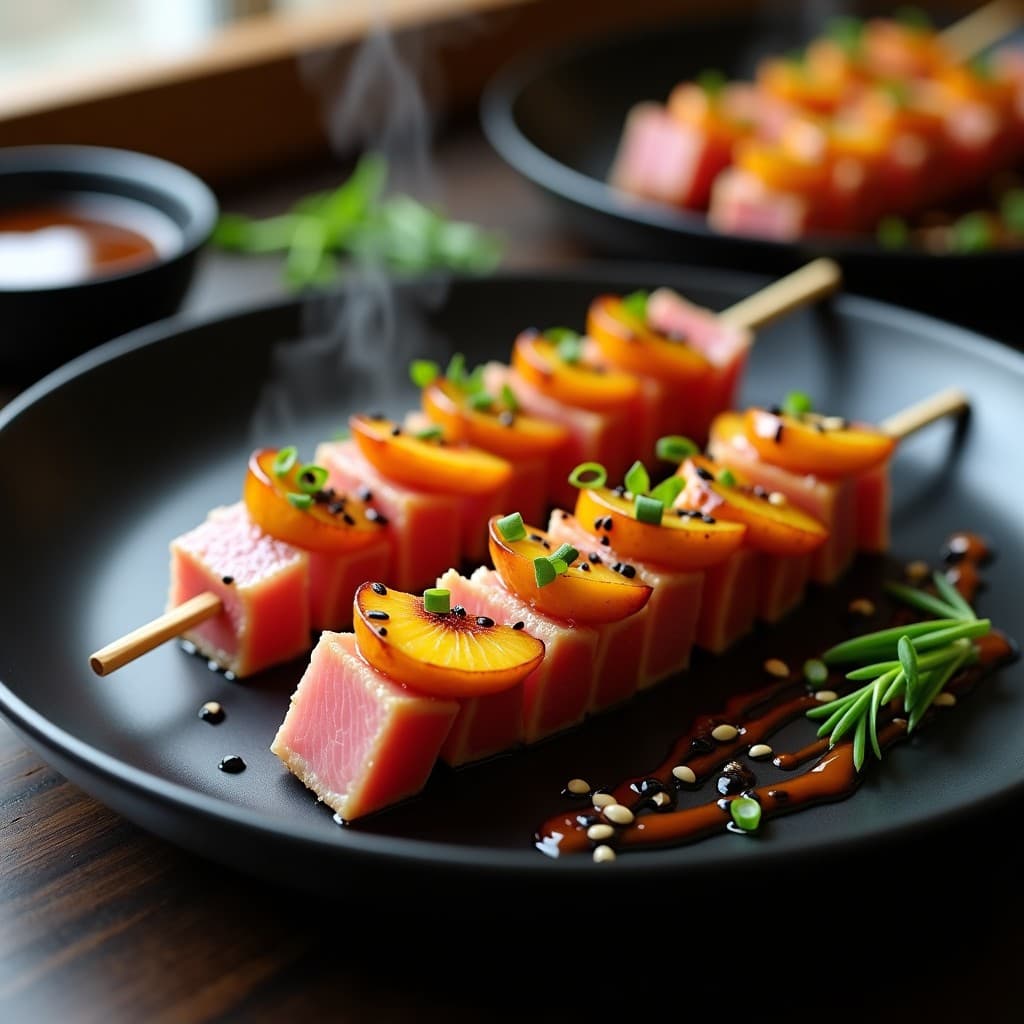 Brochetas doradas de atún fresco y melocotón caramelizado en palillos de madera, con semillas de sésamo negro y cebollino picado, servidas sobre un plato de cerámica negra con un cuenco pequeño de marinada de wasabi al lado, receta japonesa en airfryer.