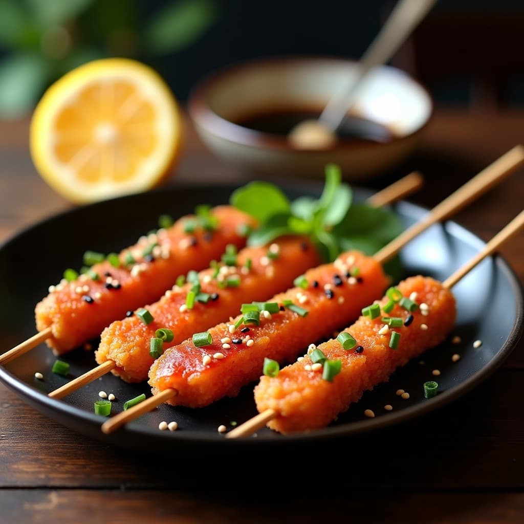 Brochetas de atún rojo marinado en panko y limón yuzu, doradas y crujientes, servidas sobre un plato de cerámica negra con semillas de sésamo y cebollino, receta japonesa en airfryer.