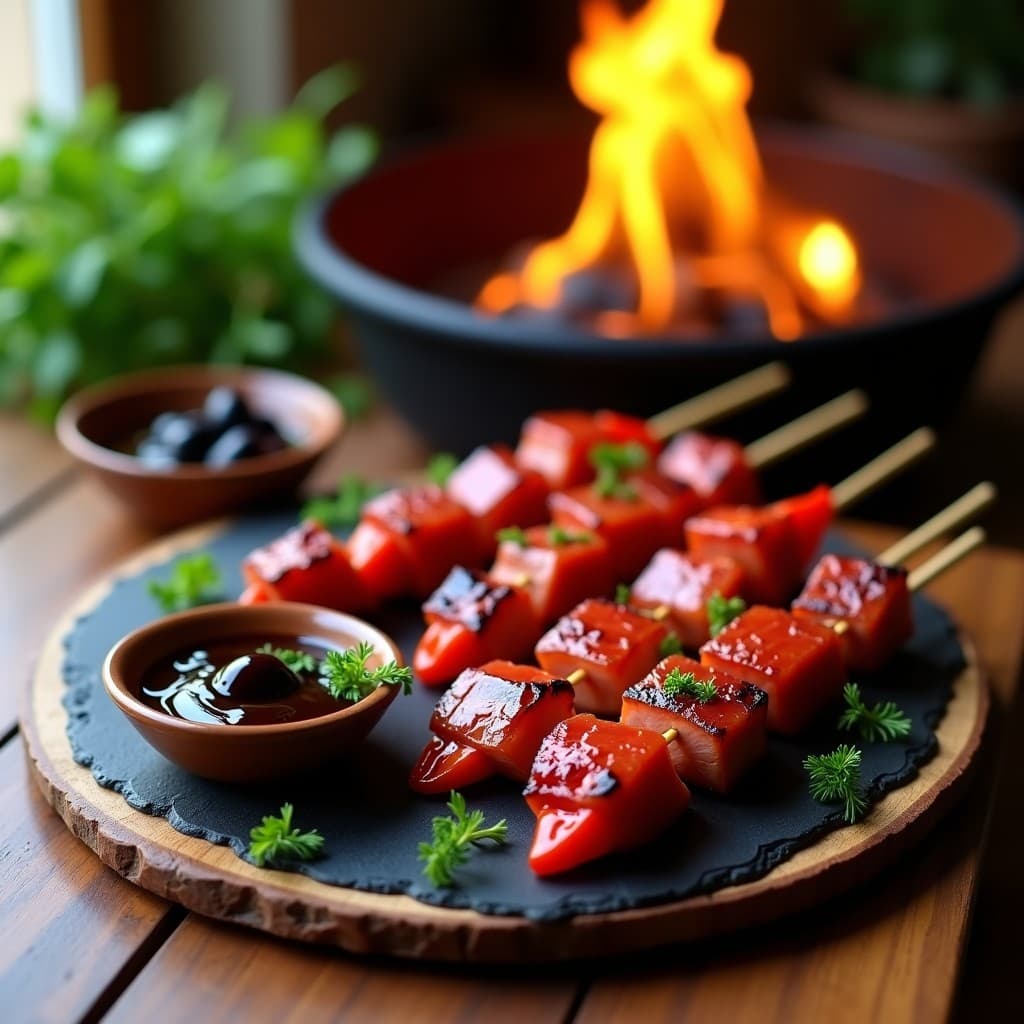 Brochetas de atún rojo y pimientos del padrón asadas en barbacoa, dispuestas en una fuente de madera con salsa de aceitunas negras en un cuenco aparte. Fondo borroso de brasas y hierbas frescas.