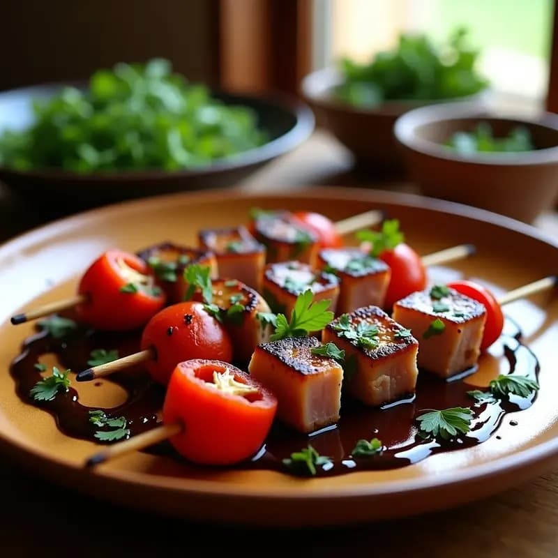 Brochetas de atún rojo y pimientos asados en grill con alioli de ajo negro, plato mediterráneo servido en fuente de barro con perejil fresco.