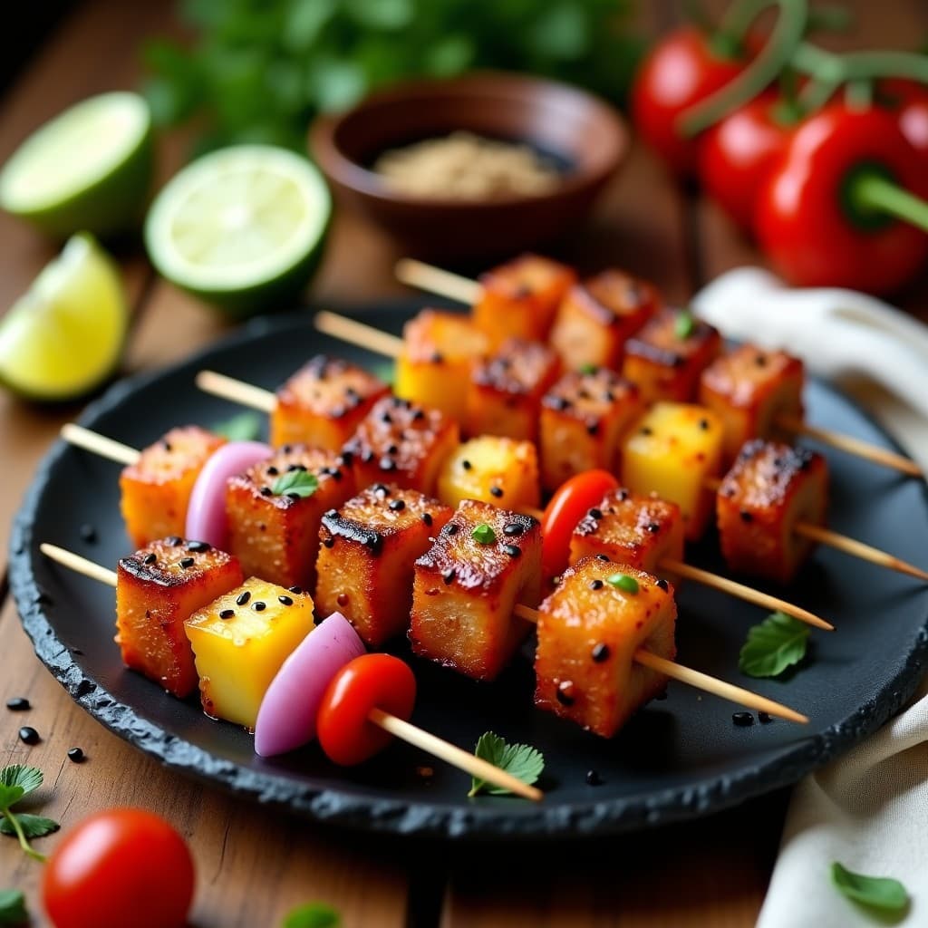 Brochetas de atún con piña caramelizada en airfryer, marinadas en sésamo, servidas sobre un plato negro con semillas de sésamo espolvoreadas y rodajas de lima al lado.
