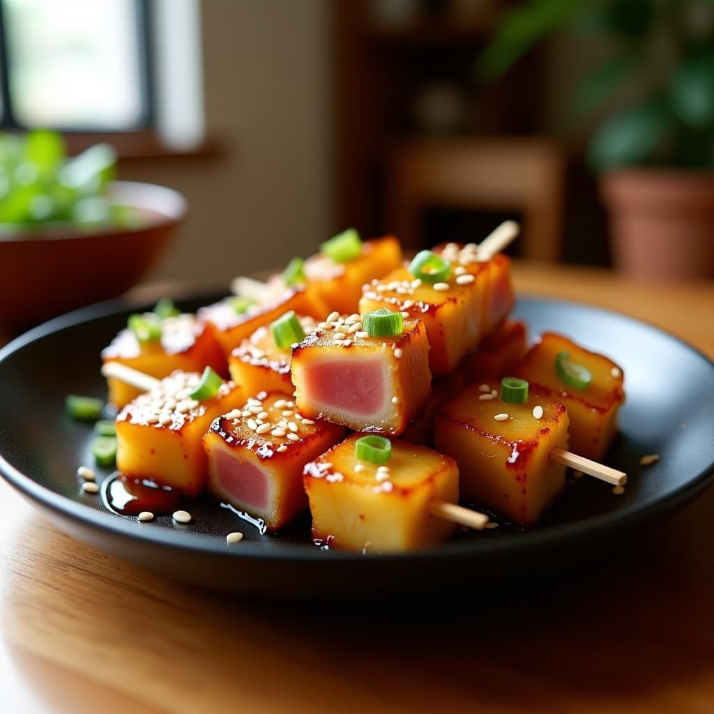Brochetas de atún y piña con glaseado de salsa ponzu en airfryer, servidas en plato negro con semillas de sésamo y cebollino, fondo borroso de cocina japonesa.