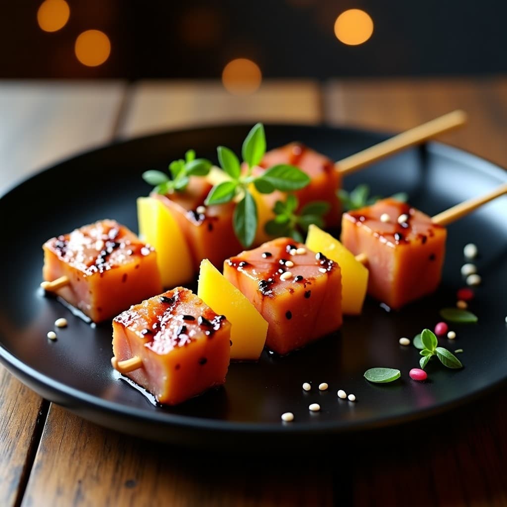 Brochetas de atún y piña asada con salsa de yuzu, receta japonesa alta en proteína, servidas en plato de cerámica negra con semillas de sésamo y cebollino.