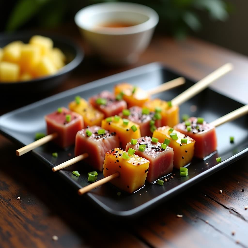 Brochetas de atún y piña con salsa de wasabi y miel, fusión japonesa-hawaiana, servidas en plato negro con semillas de sésamo y cebollino, sobre fondo de madera oscura.