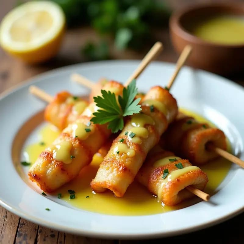 Brochetas de bacalao al pil-pil con pimientos de Padrón en airfryer, receta vasca tradicional con salsa emulsionada de ajo y aceite de oliva, servidas en plato de cerámica blanca con perejil fresco.