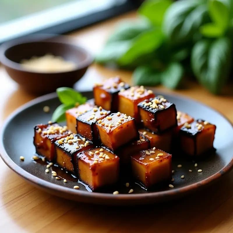Brochetas de berenjena glaseada con sirope de arce brillante y semillas de sésamo doradas, dispuestas en un plato de madera oscuro con palillos de brocheta. Fondo desenfocado con hojas verdes y luz natural resaltando el brillo del glaseado.