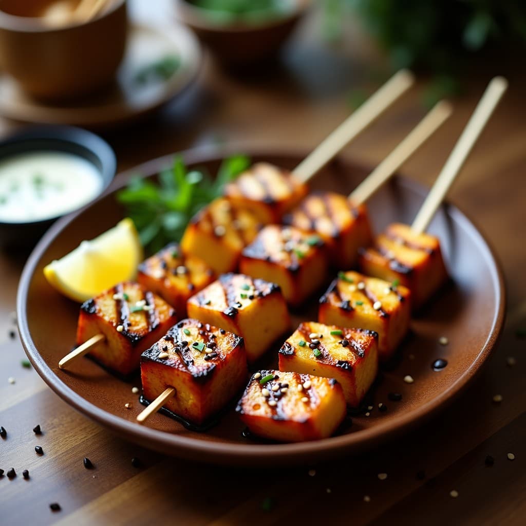 Brochetas doradas de berenjena ahumada y halloumi al miso en airfryer, con semillas de sésamo negro y pimienta de Sichuan, servidas sobre plato de madera con gajos de limón y cebollino picado.
