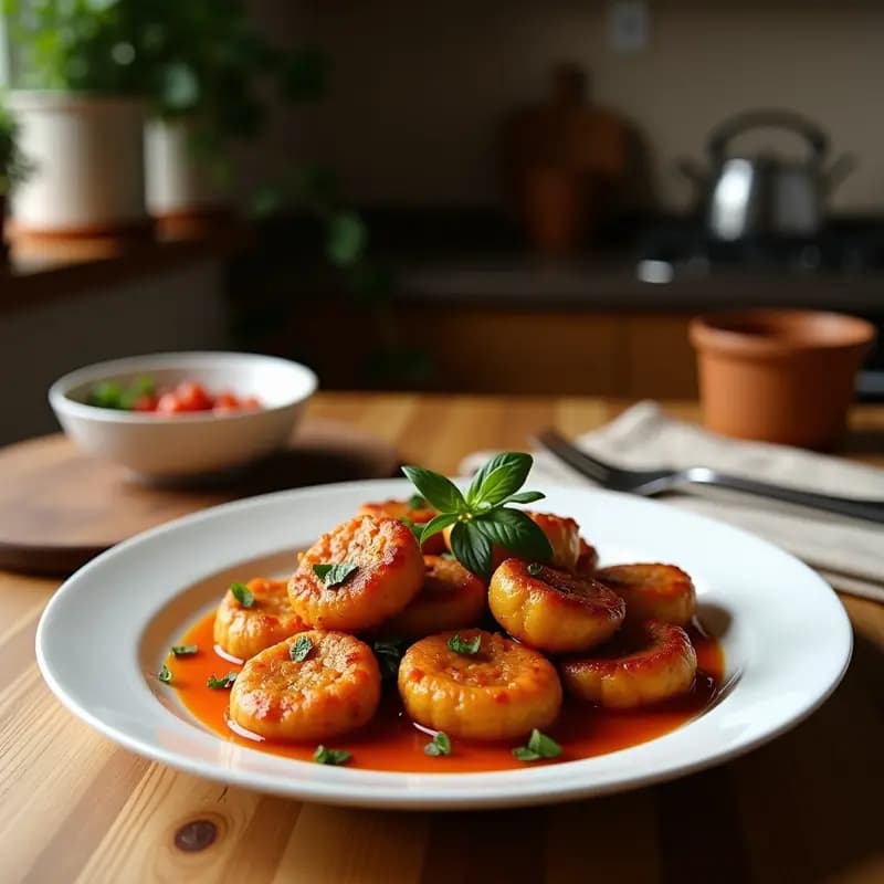 Brochetas de berenjena asada y hojas de higuerilla doradas en palillos de madera, servidas en plato rústico con salsa de granada roja brillante y semillas visibles, receta vegana a la parrilla.