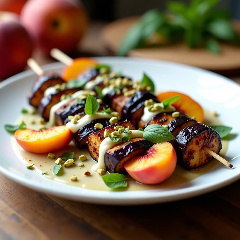 Brochetas de berenjena asada y melocotón fresco en palillos de madera, servidas con salsa cremosa de hierbabuena y decoradas con almendras tostadas y pistachos picados, entrante iraní colorido y apresitivo.