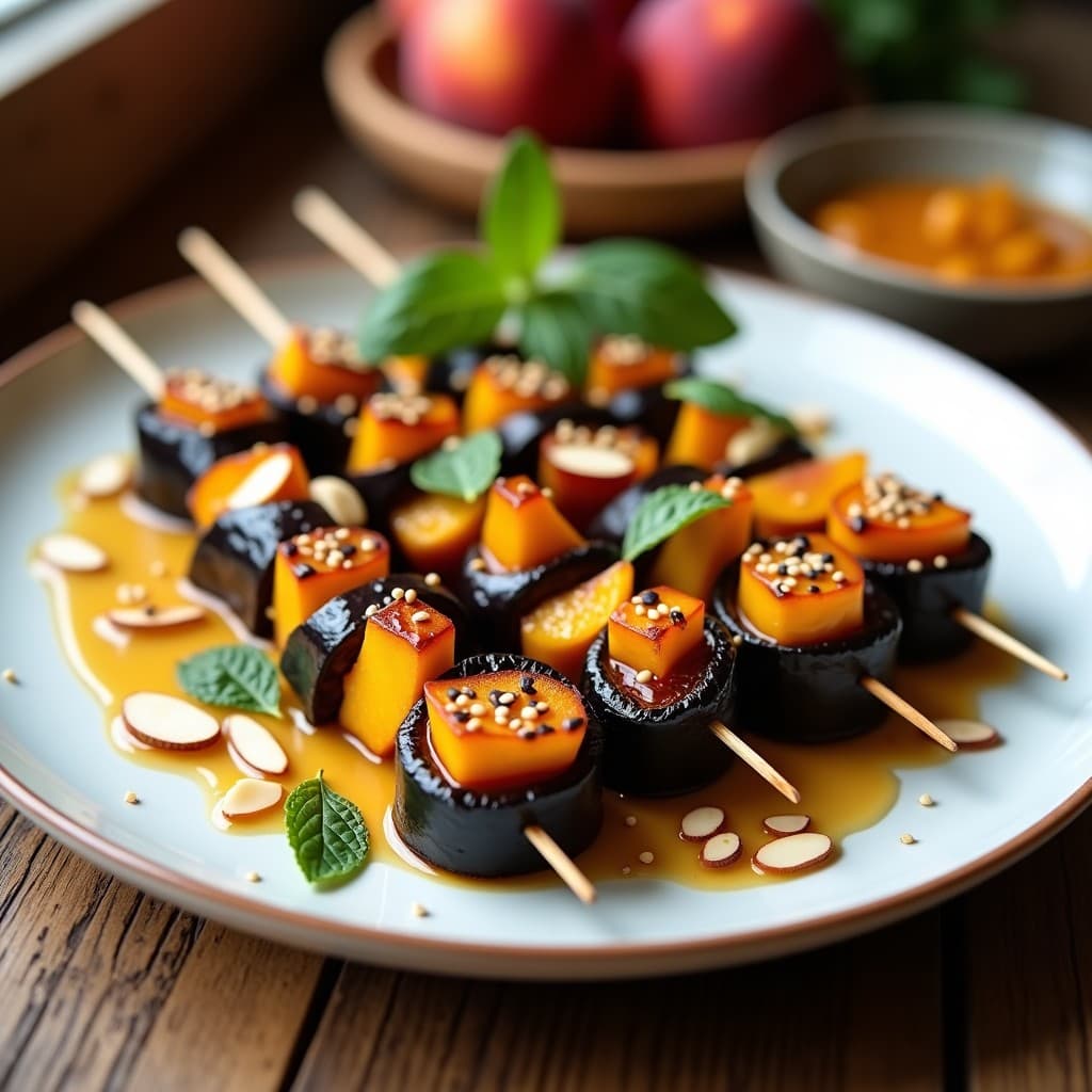 Brochetas veganas de berenjena ahumada y melocotón caramelizado en palillos de madera, con semillas de sésamo y almendras fileteadas, decoradas con hojas de menta fresca sobre un plato de cerámica blanca.