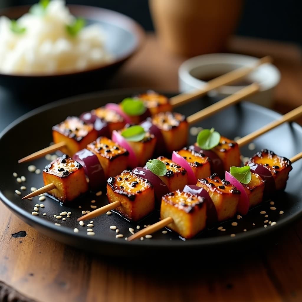 Brochetas de berenjena marinada en miso y sésamo, doradas y brillantes, servidas sobre un plato de cerámica negra con semillas de sésamo negro y blanco espolvoreadas. Entrante japonés vegano en airfryer, fondo borroso con palillos de madera.