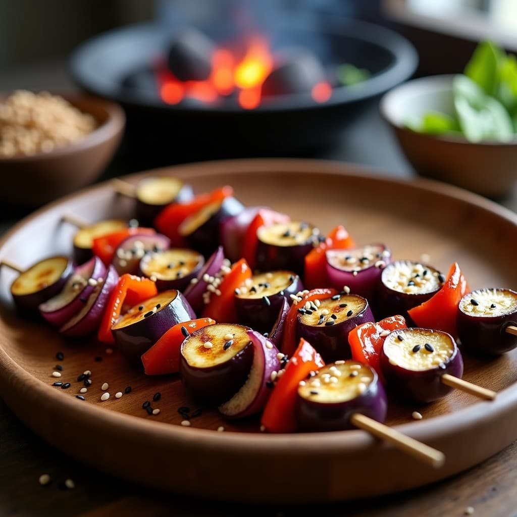 Brochetas de berenjena marinada en miso y sésamo al grill, con rodajas doradas de berenjena, cebolla morada y pimiento rojo, espolvoreadas con semillas de sésamo negro y blanco, servidas en plato de madera con fondo de grill humeante.