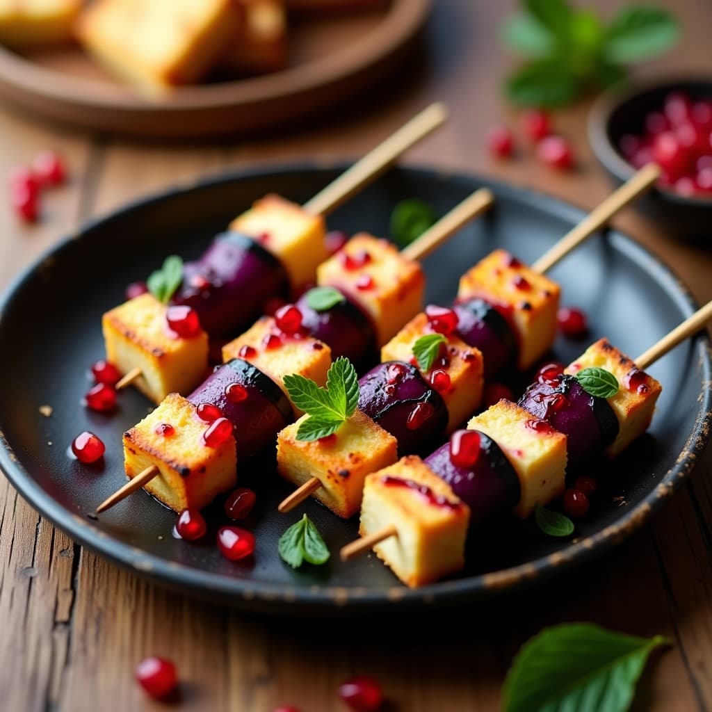 Brochetas doradas de berenjena morada y queso de almendras en airfryer, bañadas con reducción de granados brillante, decoradas con semillas de granada y hojas de menta sobre un plato negro rústico.