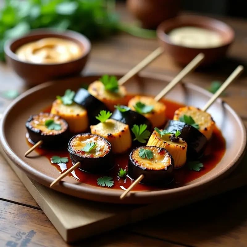 Brochetas de berenjena ahumada y queso de cacahuete cremoso, servidas en plato rústico con salsa de soja y cilantro fresco, aperitivo tailandés fácil y vegano.