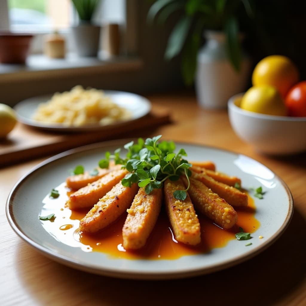 Brochetas doradas de berenjena ahumada y ventresca de atún servidas en plato blanco rústico, con alioli de limón cremoso y perejil fresco. Receta mediterránea en airfryer, alta en proteína y baja en calorías.
