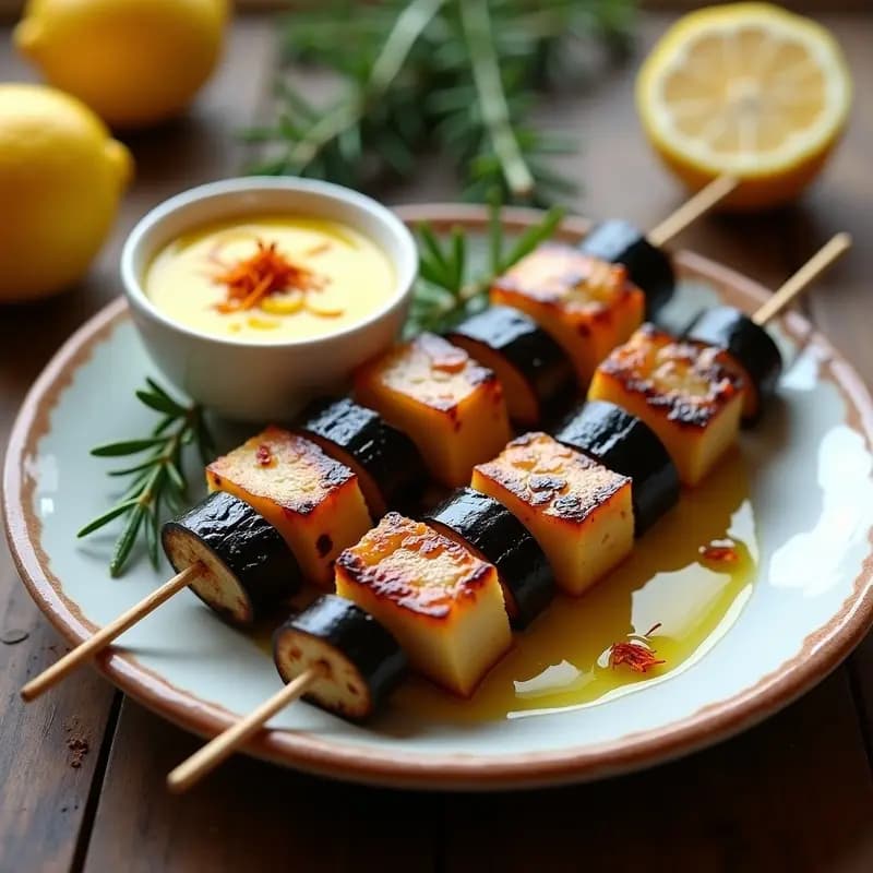 Brochetas de berenjena ahumada y ventresca de atún asadas en grill, servidas en plato de barro con alioli de azafrán y perejil fresco, receta española tradicional.