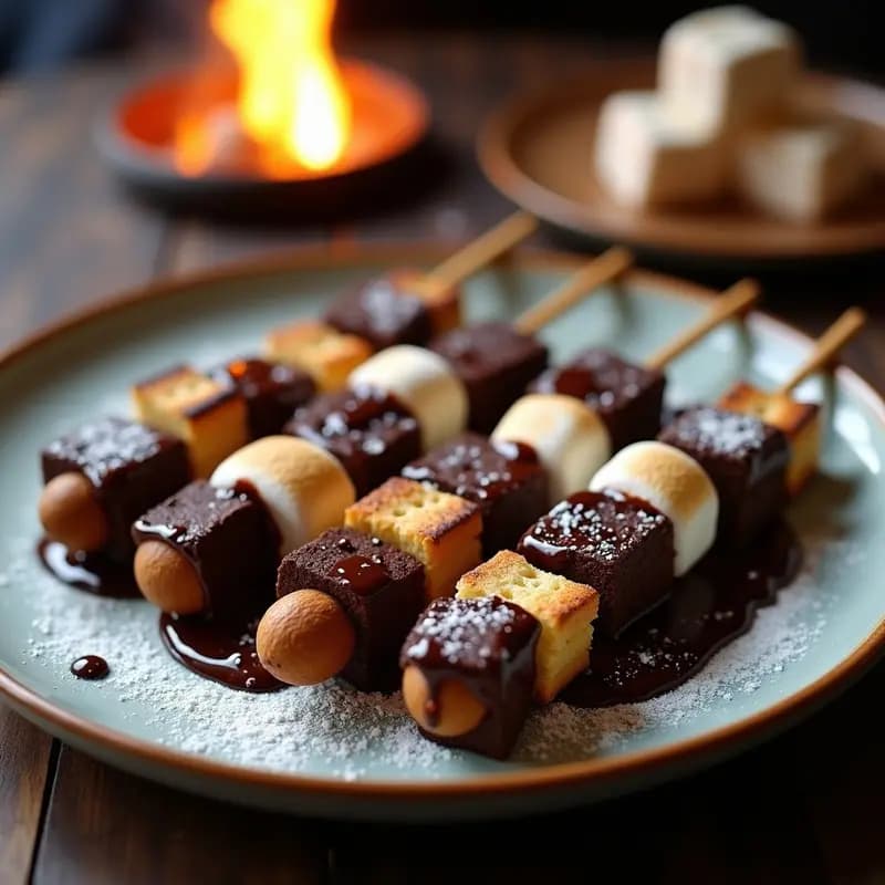 Brochetas doradas a la parrilla con trozos de brownie, galletas Digestive y marshmallows fundentes, bañadas en chocolate negro brillante y espolvoreadas con azúcar glas, sobre un fondo rústico de madera con chispas de fuego.