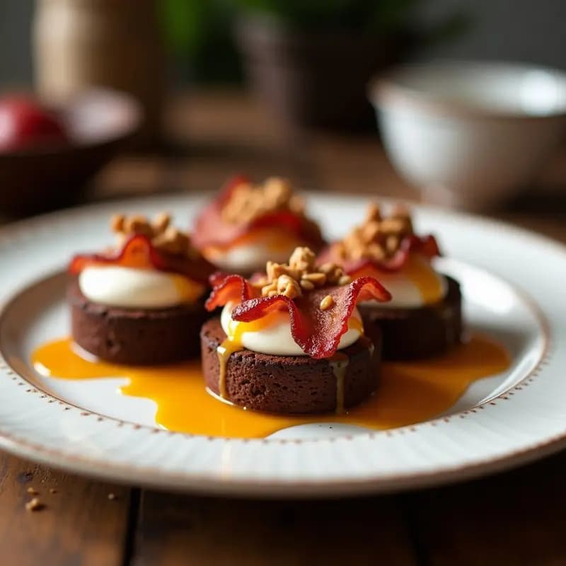 Brochetas doradas con cubos de brownie oscuro, trozos de bacon crujiente y queso cream cheese gratinado, bañadas en chocolate brillante, servidas en una tabla de madera rústica.