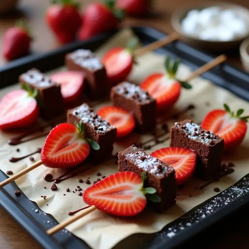 Brochetas de brownies, fresas y malvaviscos bañadas en chocolate con leche, decoradas con azúcar glass y virutas de chocolate, sobre una bandeja negra con papel de horno.