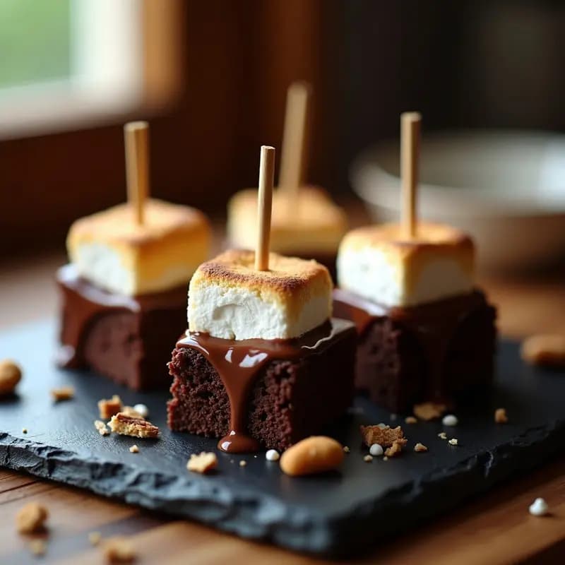 Brochetas doradas con cubos de brownie, marshmallows tostados y chocolate fundido brillante, servidas en plato negro con fondo de chocolate derretido y virutas.
