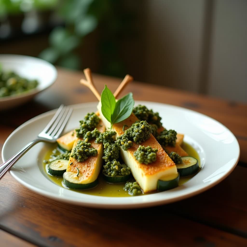 Brochetas doradas de calabacín y merluza con pesto de hierbas verdes, servidas en plato blanco sobre fondo rústico de madera, receta mediterránea en airfryer.