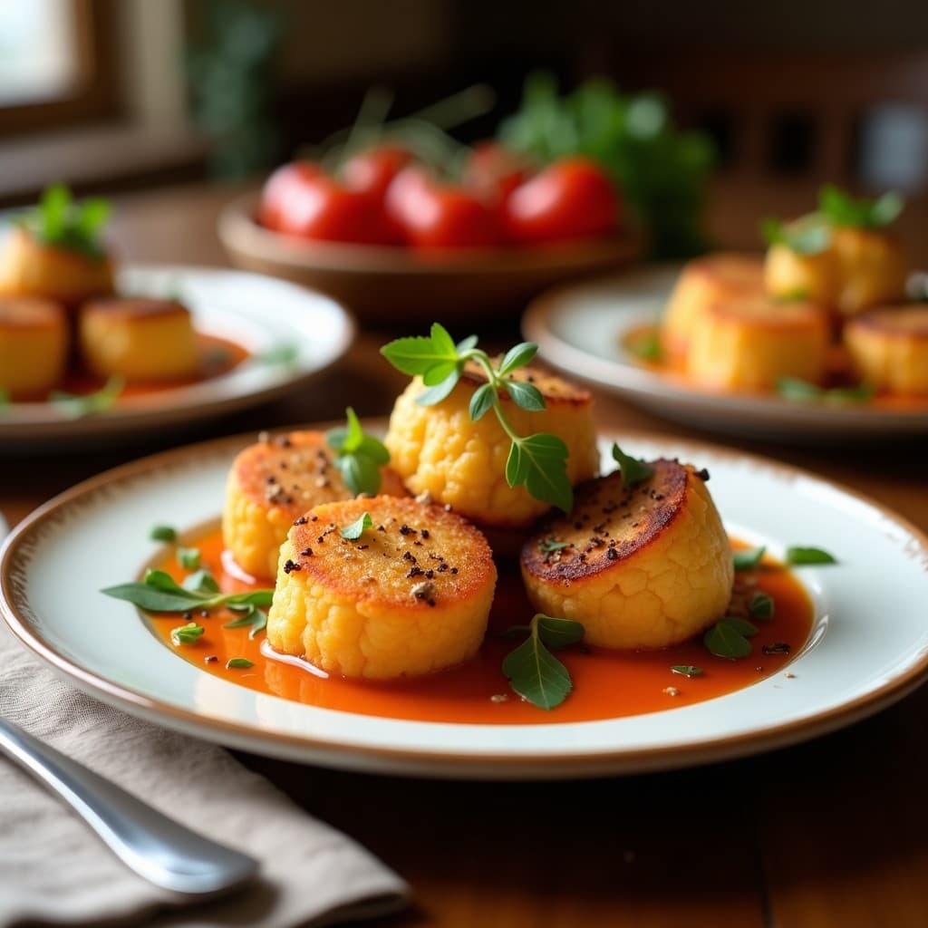 Brochetas de calabacín y queso manchego con pimentón de la Vera en airfryer, doradas y crujientes, servidas en plato de madera rústico con fondo de pimentón espolvoreado y hierbas frescas.