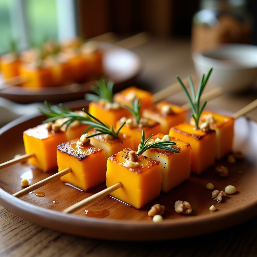 Brochetas doradas de calabaza butternut y queso manchego semicurado en palillos de bambú, glaseadas con miel de romero y decoradas con nueces tostadas y hojas de romero fresco, servidas sobre un plato de madera rústico con fondo desenfocado.