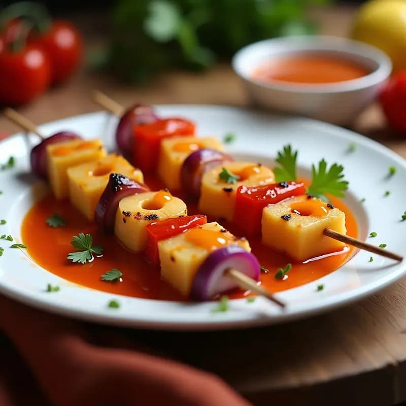 Brochetas doradas de calamar y piña asadas en airfryer, con trozos de cebolla morada y pimiento rojo, servidas sobre un plato blanco con salsa de achiote espesa de color rojizo. Receta peruana fácil y casera.