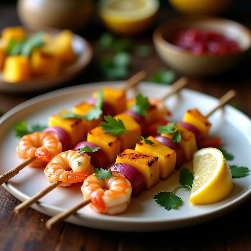 Brochetas doradas de camarón al ají amarillo con trozos de piña asada y cebolla morada en palillos de madera, servidas sobre un plato blanco rústico con cilantro fresco espolvoreado y rodajas de limón al lado. Receta peruana en airfryer.