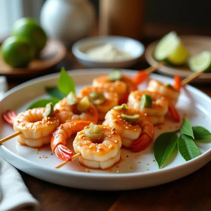 Brochetas de camarón al ajillo con limón kaffir en airfryer, servidas en plato blanco con semillas de sésamo y hojas de limón kaffir frescas, fondo borroso de cocina moderna.