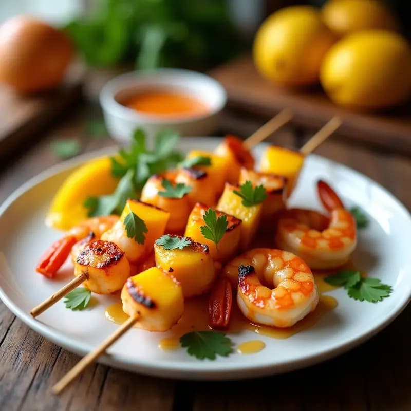 Brochetas de camarón y mango con glaseado de tamarindo en airfryer, servidas en plato blanco con cilantro fresco y salsa brillante. Receta tailandesa keto crujiente y jugosa.