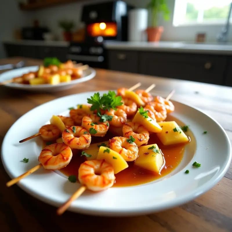 Brochetas de camarón al mojo de ajo con trozos de piña asada dorada, servidas en plato blanco con perejil fresco y fondo de airfryer abierto.