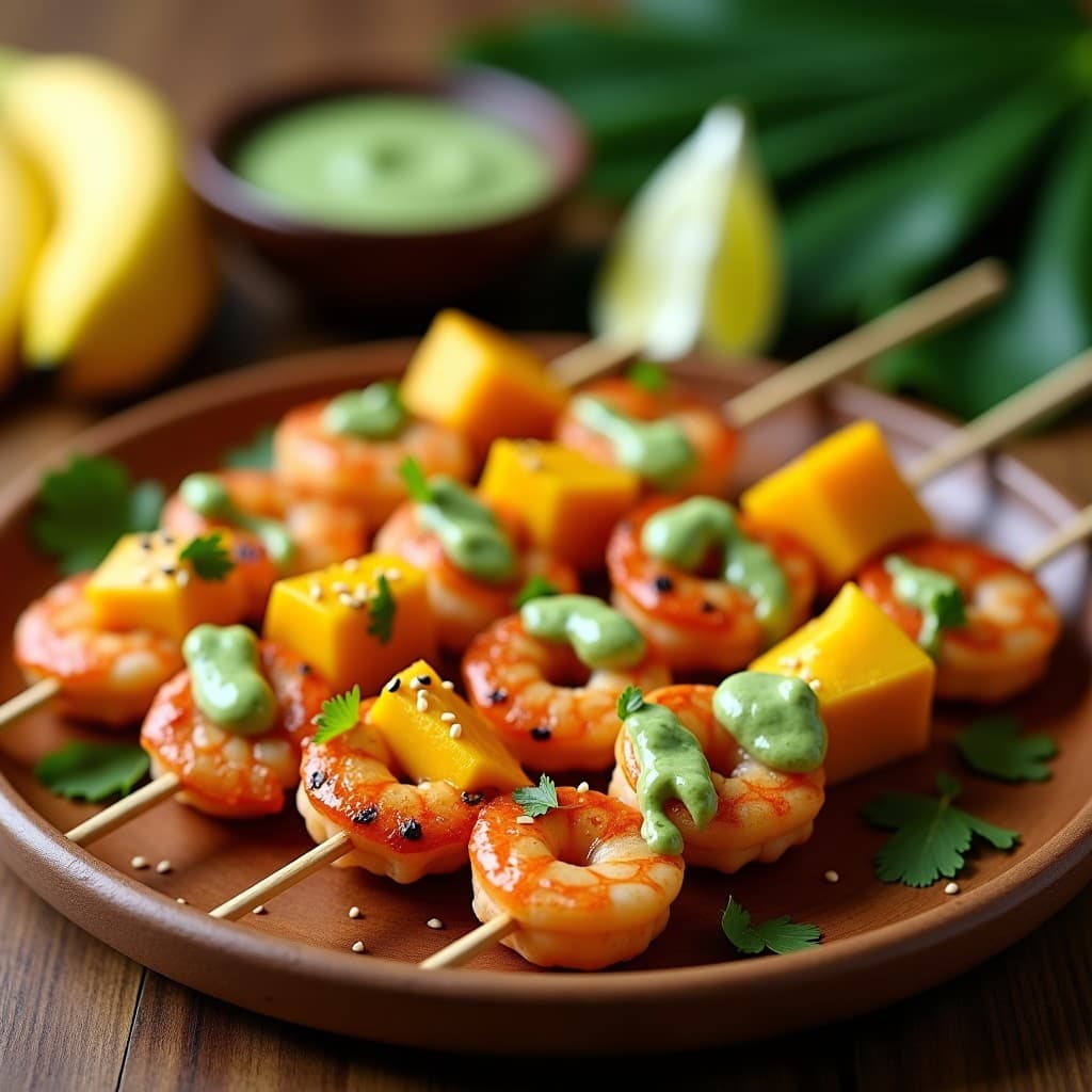 Brochetas de camarones y mango doradas en airfryer, servidas en plato de madera con salsa verde de cilantro y lima, decoradas con semillas de sésamo, fondo tropical con hojas de plátano.
