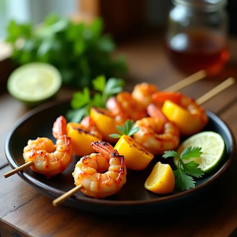 Brochetas doradas de camarones y mango en palillos de madera, con marinada de limón y cúrcuma, servidas en un plato de cerámica negra con cilantro fresco y rodajas de limón. Receta tailandesa en airfryer.
