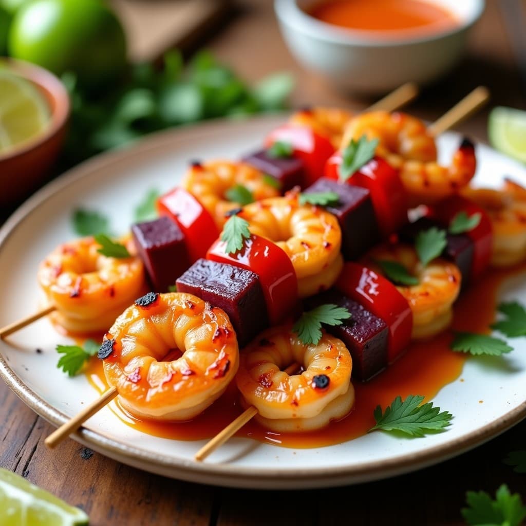 Brochetas de camarones dorados en airfryer con trozos de pimiento rojo y cebolla morada, bañadas en mojo de cítricos y pimentón, servidas en plato blanco con hierbas frescas. Receta cubana alta en proteína.