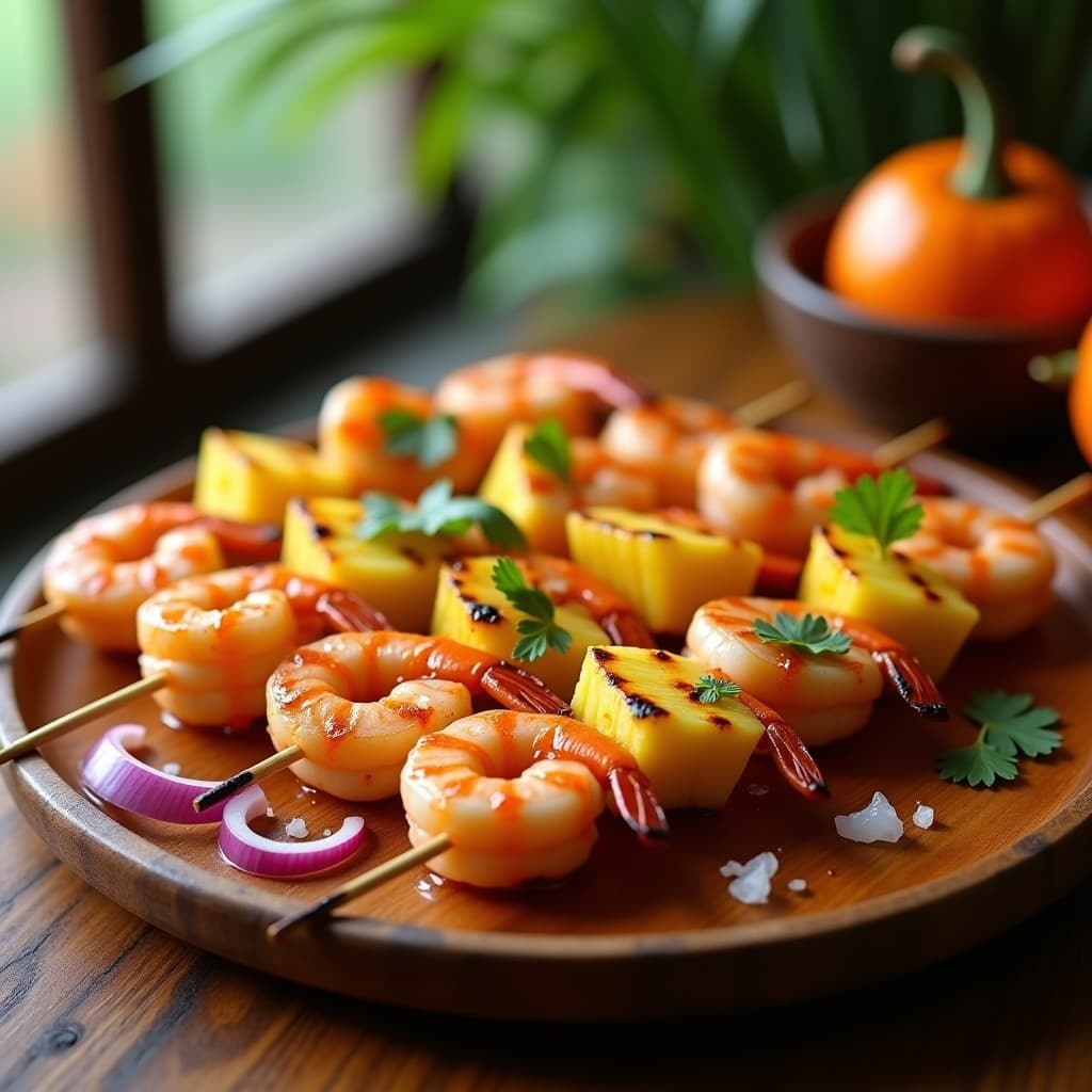 Brochetas de camarones y piña asadas al grill con marcas de parrilla, servidas en plato de madera rústico con salsa de mango cremosa en recipiente aparte, decoradas con cilantro fresco y rodajas de limón verde.