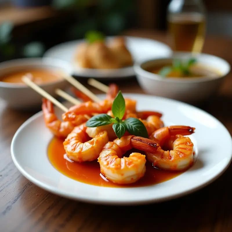 Brochetas de camarones rosados y jugosos alternados con trozos de cebolla morada y pimiento rojo, doradas y brillantes, servidas en un plato blanco con salsa de tamarindo y coco cremosa espolvoreada con cacahuetes y cilantro fresco. Receta vietnamita en airfryer.