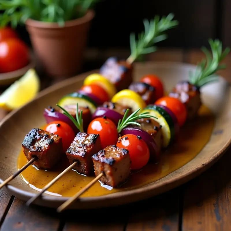 Brochetas doradas de carne de canguro con trozos de cebolla morada, pimiento rojo, calabacín y tomates cherry, servidas en plato de madera con salsa de miel y mostaza espesa. Receta australiana alta en hierro.