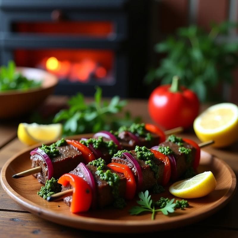 Brochetas de carne de res marrada con chimichurri a la parrilla, servidas en plato de madera rústico con hierbas frescas y rodajas de limón al fondo. Receta argentina tradicional.