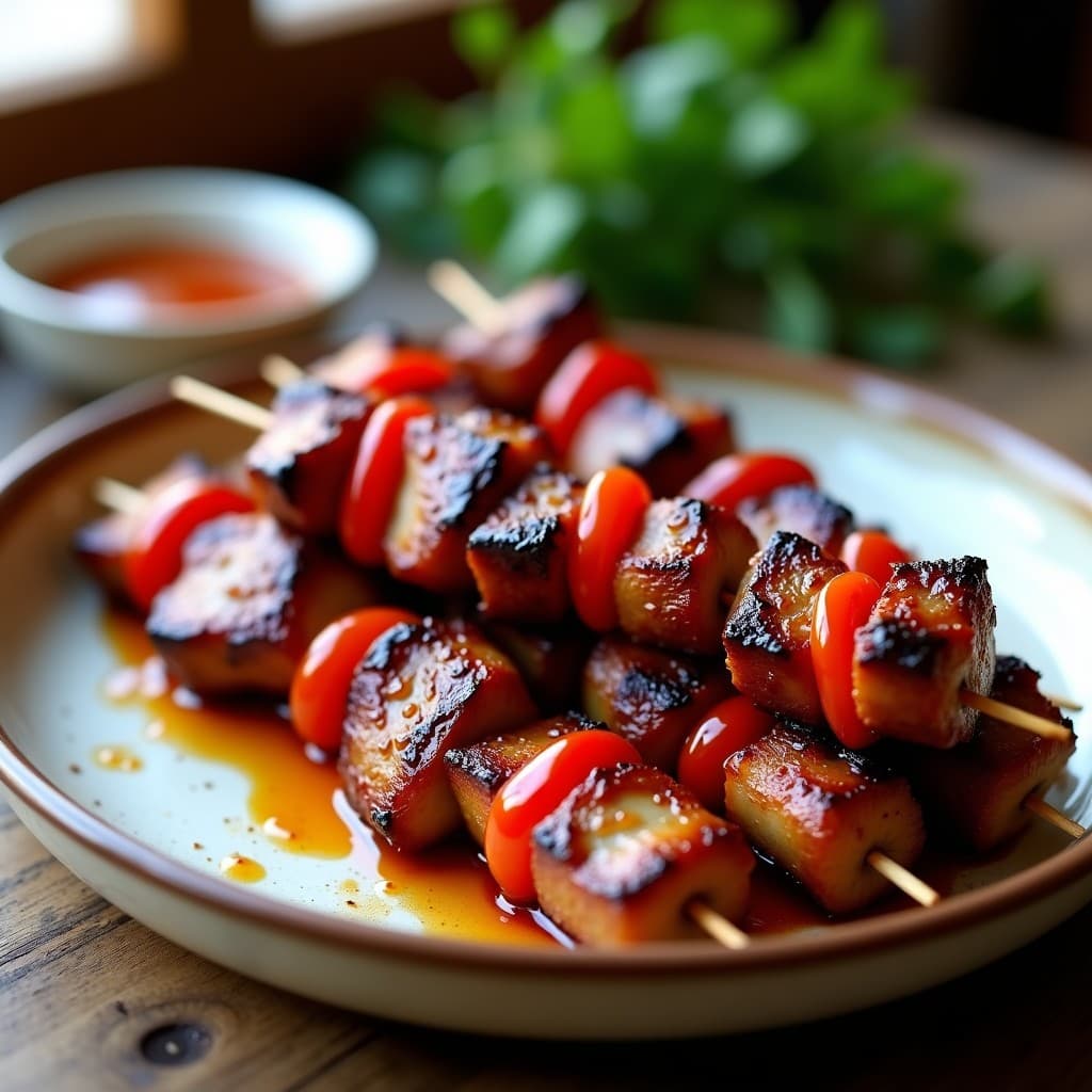 Brochetas de cerdo doradas en airfryer con trozos de cebolla morada y pimiento rojo, brillantes por el marinado de guindilla y cerrojo, servidas sobre un plato de barro con un fondo rústico.