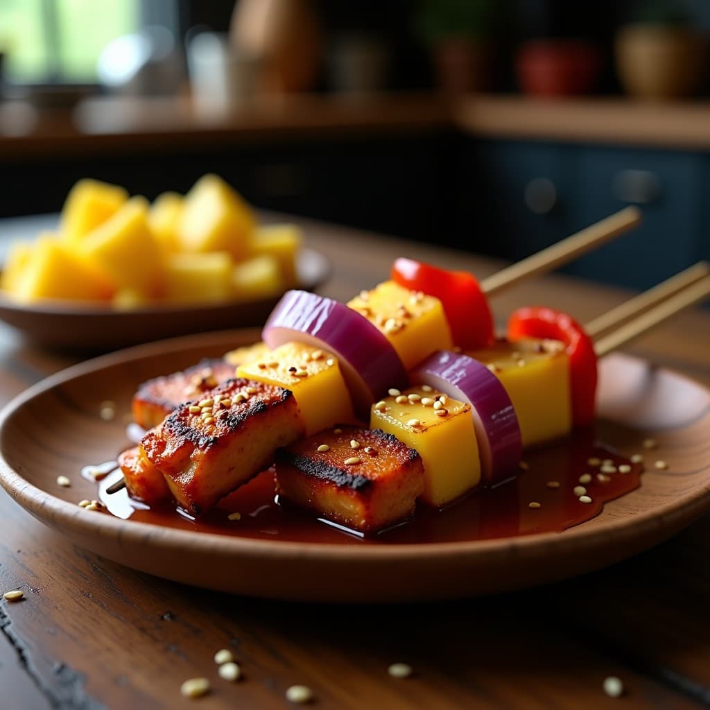 Brochetas de cerdo marinado en piña hawaianas en airfryer, con trozos dorados de carne, piña caramelizada, cebolla morada y pimiento rojo, servidas en un plato de madera con fondo oscuro.