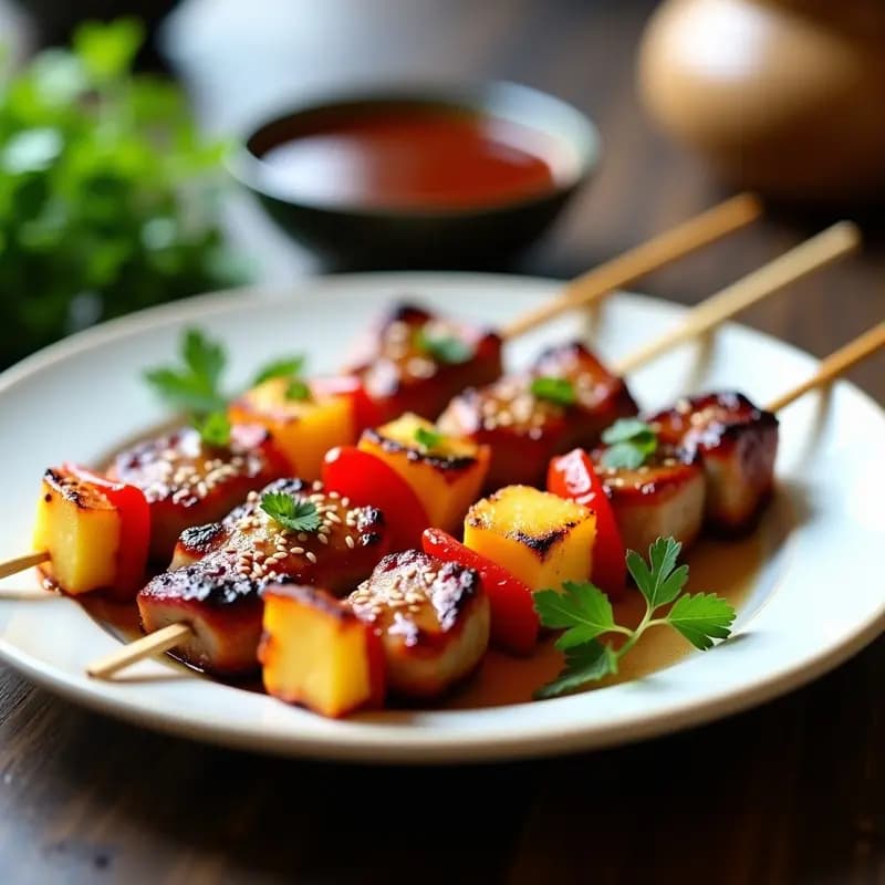 Brochetas de cerdo teriyaki con trozos de piña dorada y pimiento rojo asado, espolvoreadas con semillas de sésamo, servidas sobre un plato blanco con fondo de madera oscura y hierbas frescas.