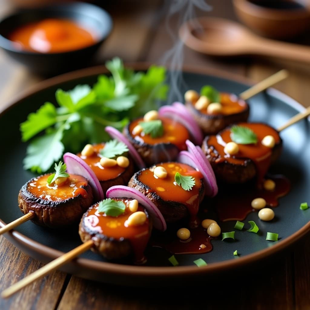 Brochetas veganas al estilo tailandés con champiñones Portobello dorados, cebolla morada y salsa de tamarindo brillante, decoradas con cacahuetes picados y cilantro fresco sobre un plato de cerámica oscura.