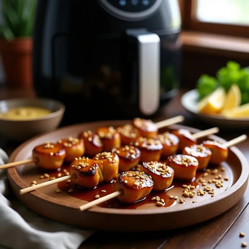 Brochetas de champiñones Portobello marinados en tamari y jengibre, doradas y brillantes, servidas en un plato de madera con semillas de sésamo espolvoreadas y un fondo de airfryer al lado.