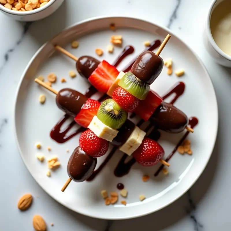 Brochetas coloridas de plátano, fresa y uva bañadas en chocolate negro y espolvoreadas con coco rallado, servidas sobre un plato blanco con un bol de yogur griego cremoso con miel y canela. Postre saludable para niños, estético y viral.