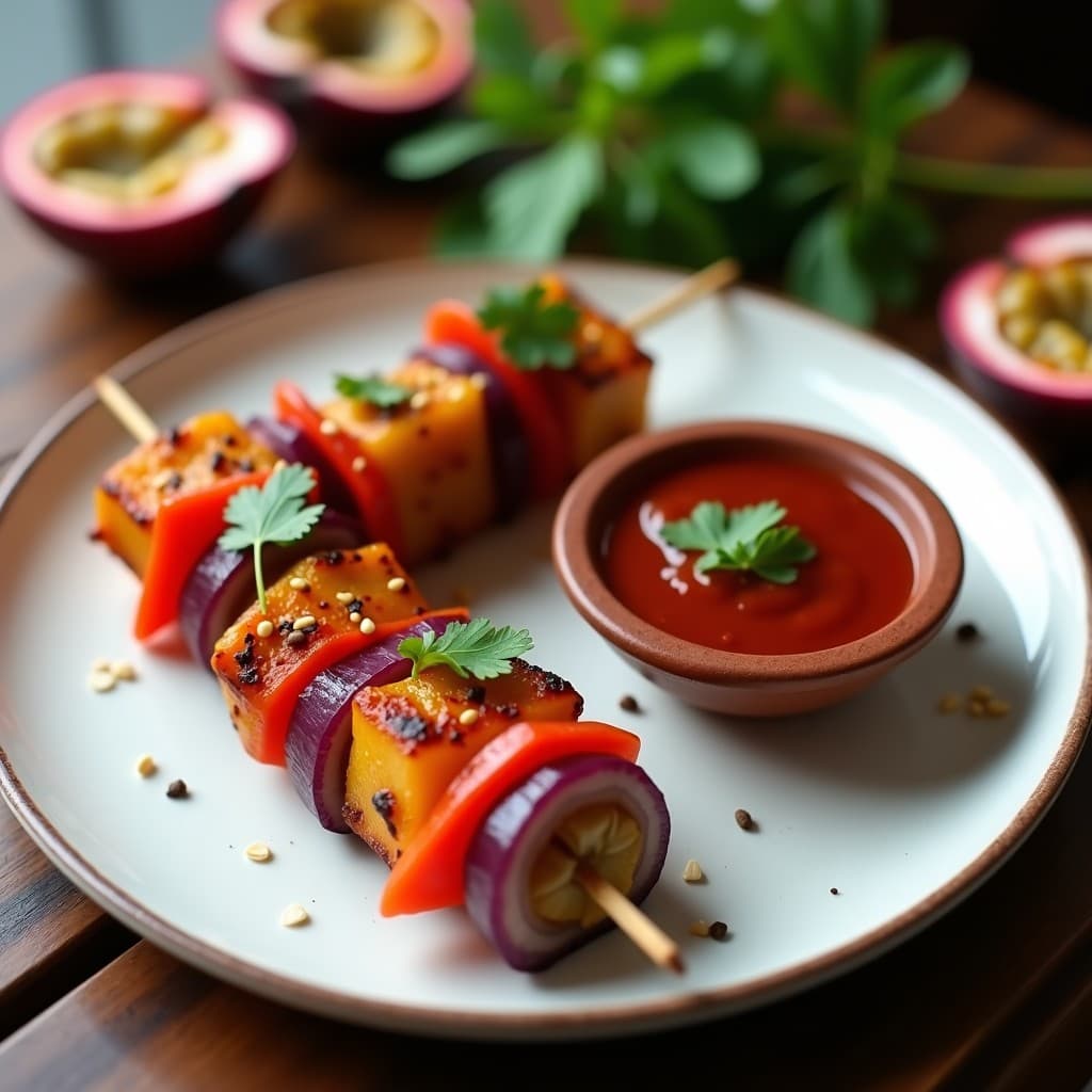 Brochetas doradas de corazón de palma, pimiento rojo y cebolla morada en palillos de madera, servidas sobre una tabla de madera rústica con un bol de salsa de acerola vibrante al lado. Decoración con hojas de cilantro fresco y rodajas de limón verde.