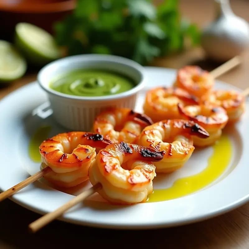 Brochetas de corazón de palma y gambas asadas en palillos de madera, servidas en plato blanco con mojo verde en cuenco pequeño a un lado. Fondos borrosos de ingredientes frescos como perejil y ajo.