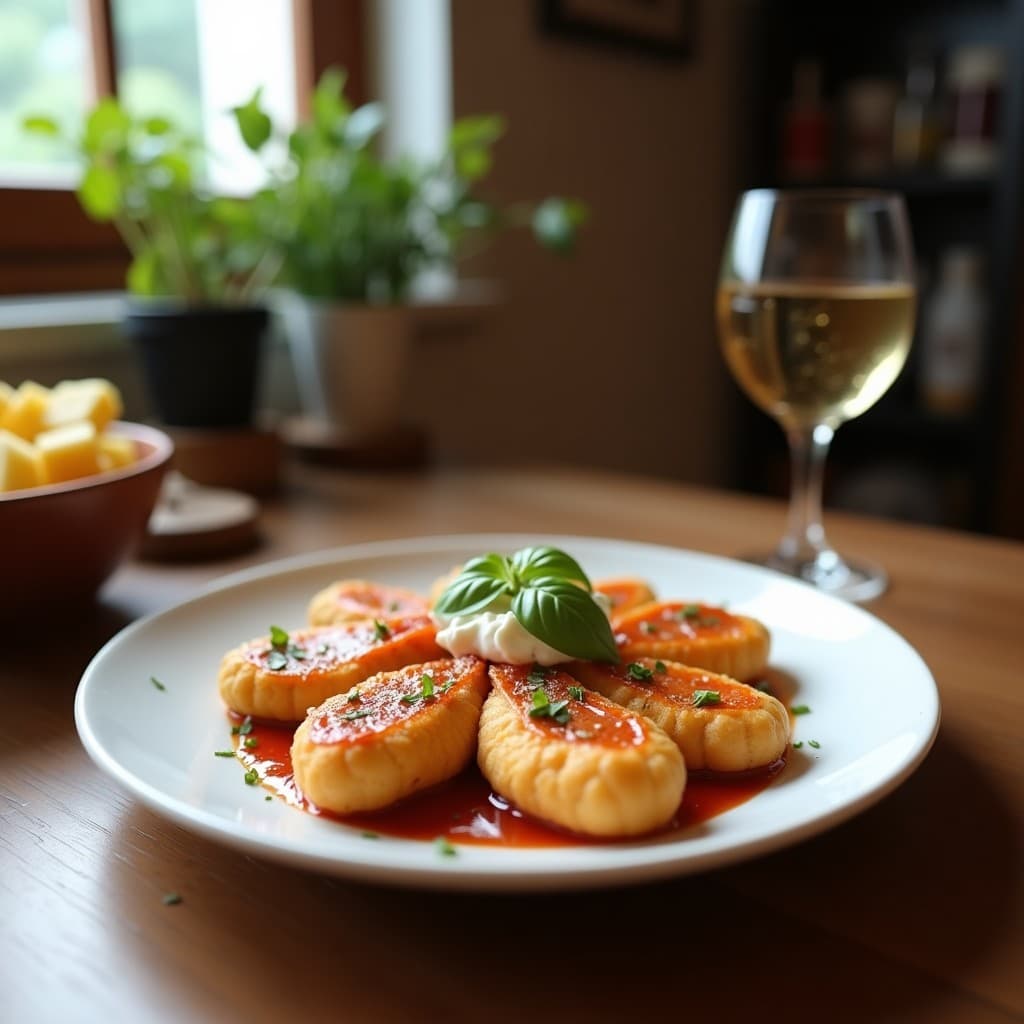 Brochetas de corazón de palma y queso de búfala vegano en bandeja de madera, con tomates cherry, rúcula y vinagreta de trufa, aperitivo italiano crudivegano elegante.