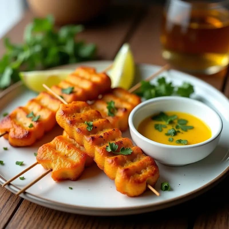 Brochetas doradas de corazón de palmito en palillos de madera, servidas en plato blanco con salsa de ají amarillo cremosa y decoradas con cilantro fresco, receta peruana en airfryer.