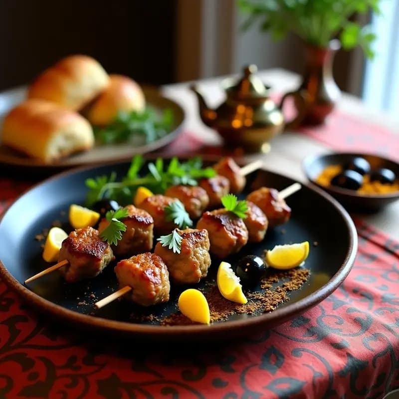 Brochetas marroquíes de cordero dorado en palillos de madera, con aceitunas Kalamata y trozos de limón confitado, servidas sobre un plato de barro con cilantro fresco y especias al fondo. Receta en airfryer.